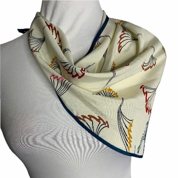 Vintage Floral Secretary Blouse M Cream Button Down Long Sleeve Triangle Scarf - Picture 8 of 9